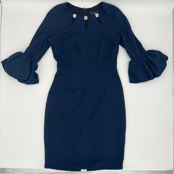 Betsy & Adam Blue Glitter Dress Sz 8 – Retro Glam Bell Sleeves Rhinestone Neck - Picture 1 of 10